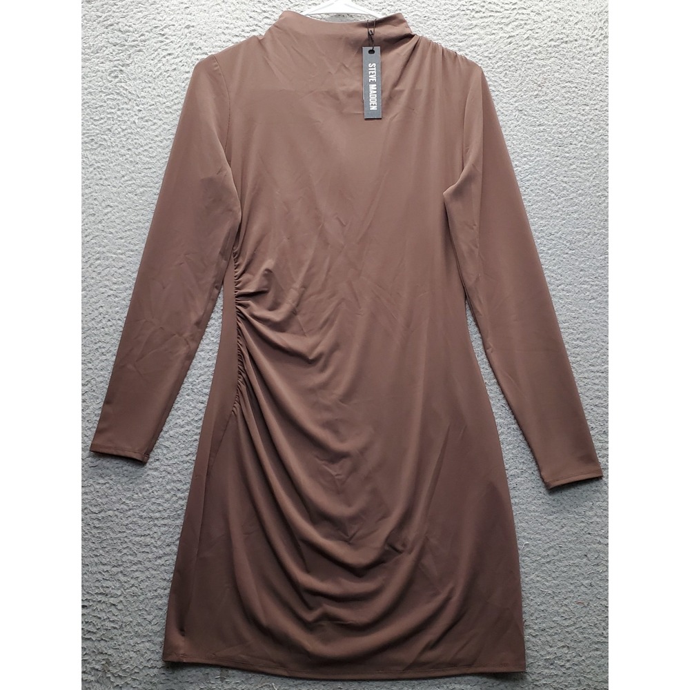 Steve Madden Munich Dress Womens Small Brown Side Ruched Long Sleeve Back Zip